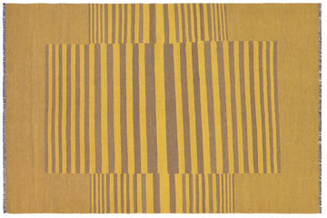 Flat Weave Kilim, Antique, Navaho, Vintage, Handmade, Modern Kilim Yellow Gray Hand-Woven Rectangle 100% Wool Area Rug 6 x 8